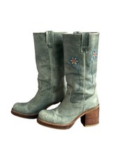 DESTROY Spain RARE Embroidered Sage Green Leather Chunky Heel Punk Boots 40 Y2K