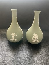 Wedgwood Jasper Ware SAGE Green Bud Vase Pair Good Condition No Damage