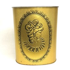 Vintage Tin Trash Can Waste Basket Metal JL Clark USA Pinstripes Lady Embossed