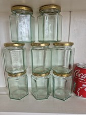8 Hexagonal Glass Honey Jars Gold Honeycomb Lids Holds 340g/12oz Jam Chutney etc