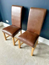 DINING CHAIRS SOLID OAK GENUINE BROWN LEATHER PREMIUM HIGH BACK PAIR SET OF TWO