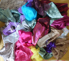 Bundle of Silky Type Fabric plus small bag of ribbon/lace Crafty Bits etc
