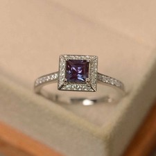 2 Ct Princess Cut Color Change Alexandrite Engagement Ring 14K White Gold Solid