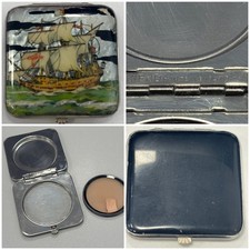 Vintage 1930s Gwenda Enamel Foiled Mirror Powder Compact Ship / Nautical Marine