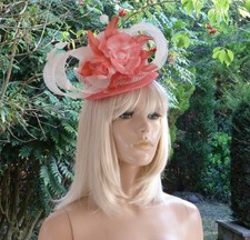 Coral Pink & Ivory/Fascinator Hat/Flower/Feathers/Lace/Bows/Wedding/Occasion