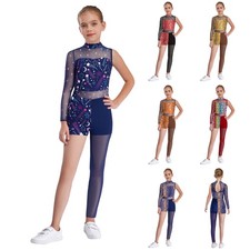 Girls Animal Print Leotard Gymnastics  Sparkle Rhinestone Asymmetrical Bodysuit