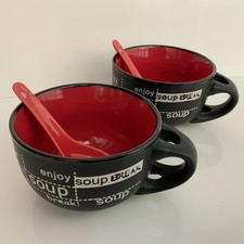 Matching Soup Bowls w/ Spoons Black & Red Durable Ceramic Pair Set of 2 VGC