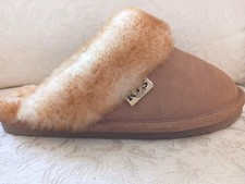 RJ's Fuzzies Women's Slippers Real Sheepskin & Brown Suede Scuffs Sz L 8-9 Warm!