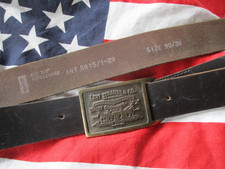 ORIGINAL LEVIS black real LEATHER BELT & 2 HORSE brass USA LOGO BUCKLE 33 to 37