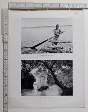 c1900 ANTIQUE CEYLON PRINT ~ FISHERMAN ON HIS CANOE ~ PADDY BOAT IN FULL SAIL