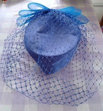 Royal blue vintage hat netting fascinator bow Pillbox millinery Goodwood Revival