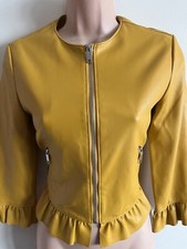 Zara Yellow Mustard Faux Leather Frill Hem Bomber Short Jacket Size S 34” Chest