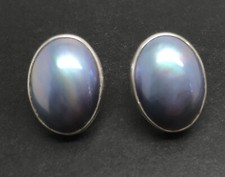 Blue mabe pearl stud earrings Solid Sterling Silver oval, 17 x 13mm. Box. New.