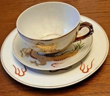 Beautiful Geisha Dragonware Teacup Saucer and Dessert Plate.  Delicate Eggshell.