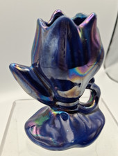 Vintage Art Deco Blue Iridescent Small Ceramic Bud Vase Tulip Shaped G626