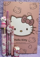 Sanrio HELLO KITTY Hardcover A5 Notebook Highlighter Multi Gel Pen Rubber Bundle