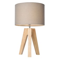 Litecraft Devlin Table Lamp Wooden Tripod Base With Taupe Drum Shade - Natural  