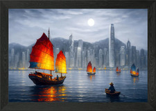 Hong Kong Junk Boats at Night