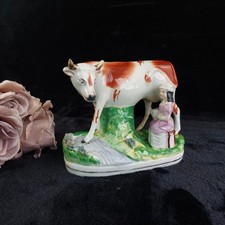 Staffordshire Cow Creamer Figurine Good 1800s Antique Hand Painted 6.5" Milking