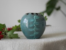 Small Studio Pottery Flower Frog Vase, Glossy Teal Glaze, Leaf Motif, Signed