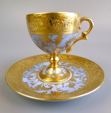 Limoges G.Dumas Cup & Saucer. Demitasse. Footed / Pedestal. Gold & Blue. Vintage