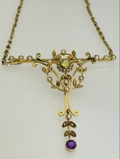 Antique 9ct Gold Pearl Peridot Amethyst Art Nouveau Suffragette 19 1/2" Necklace
