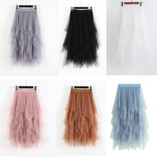 Women Elastic High Waist Mesh Tulle Tutu Skirt Layered Pleated Long Maxi Dress I