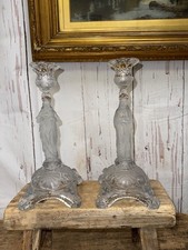 Pair Of Antique French Portieux Frosted Glass Art Deco Jesus & Mary Candlesticks