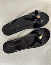 Primark Womens Black Bow Flip Flops Sandals Gold Trim 