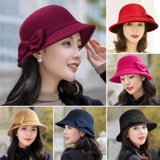 Vintage Women Bowknot Felt Hats Wool Bucket Hat Elegant Ladies Winter Cloche Cap