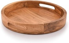 Round Serving Acacia Wooden Tray with Handles for Serving Beverages Tea