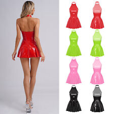 UK Womens Wet Look PVC Leather A-Line Mini Pleated Dress Lingerie Dress Clubwear