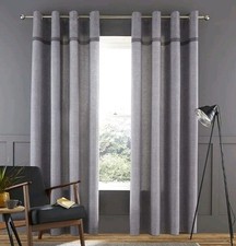 Catherine Lansfield Woven Texture Curtains Cotton Eyelet Ring Top 66x72" Grey