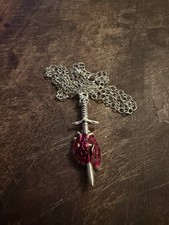 Gothic Sword Through Heart Pendant Necklace Red Anatomical Heart with Skull Hilt