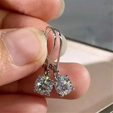 Certified 2Ct Round Cut Moissanite Drop Dangle Earrings 14K White Gold Plated