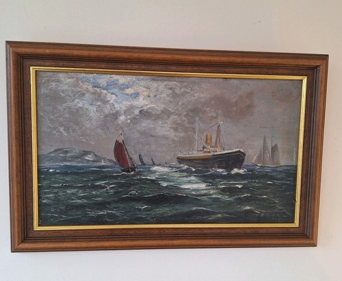 Framed maritime sail boat oil - framed,