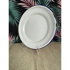 White enamelled dinner plate with chipped blue rim - vintage tin ware  Peacock