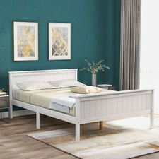 Solid Wooden Bed Frame 4ft6 Double Size Bed Pine Wood w/ Head- & Footboard White