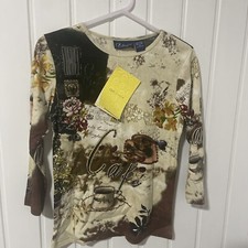 QVC Artscapes Floral Cafe Design 3/4 Sleeve Top/blouse Size XS