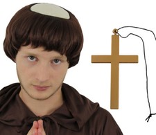 MONK WIG GOLD CROSS NECKLACE FRIAR TUCK RELIGIOUS FANCY DRESS COSTUME ACCESSORY