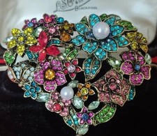 Large Flower Heart Brooch Pin Rhinestone Crystal Valentine Floral Art Jewellery 