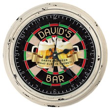 Personalised Wall Clock Darts Bar Name Round Glass Beer Dart Pub Dad Gift KRC49