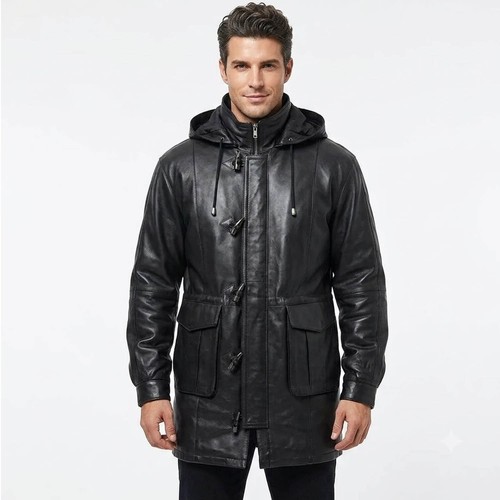 Men long leather duffle - duffle, coat