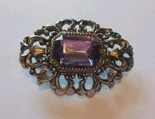 Vintage Silver 958 Large  Amethyst Coloured Glass Stone Brooch 5.5cm Wide