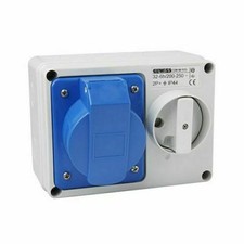 Gewiss 32A Switched Socket 230V 3 Pin Interlocked 2P+E IP44 Blue - GW66015