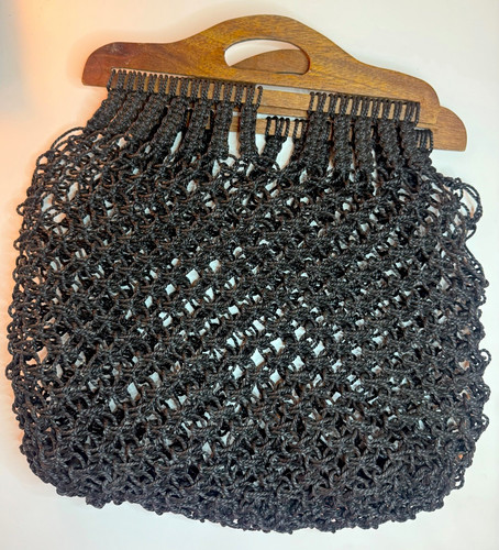 Black crochet woven handbag - black,