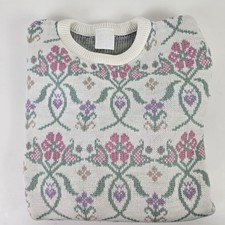 Vintage Soft Focus Floral Knit Jumper Pastel Cream Lilac Green 80s Made in UK