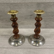 Pair of 7" Oak Barley Twist Candlesticks Chrome Bases with Gold Coloured Holders