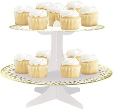 Round Cardstock Cupcake Stand 1 PC White and Gold Stylish - One Size