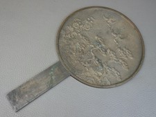 JAPANESE ANTIQUE SIGNED "MITSUNAGA" MEIJI OLD BRONZE HAND MIRROR KAGAMI KOKYO NR